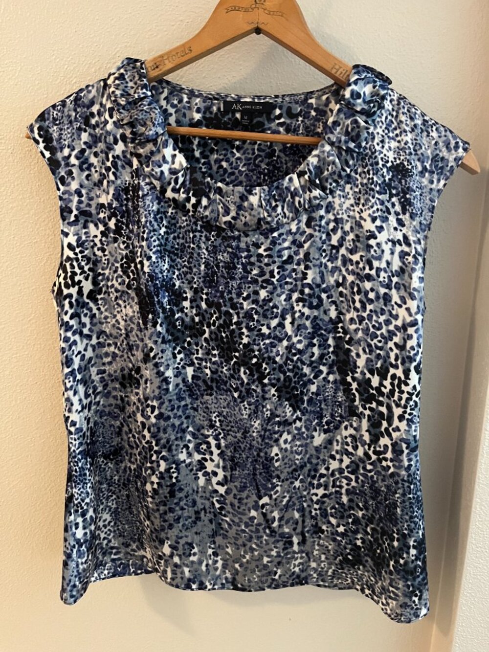 Anne Klein Leopard-Print Ruffle-Neck Sleeveless Blouse in Blue